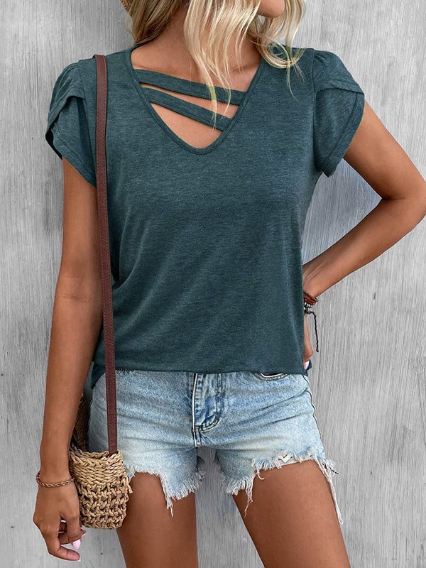 Solid Color Loose Short Sleeves V-neck T-Shirts Tops