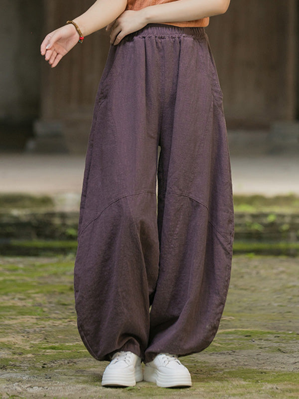 Elasticity Pockets Solid Color Split-Joint Loose Pants Cropped Trousers