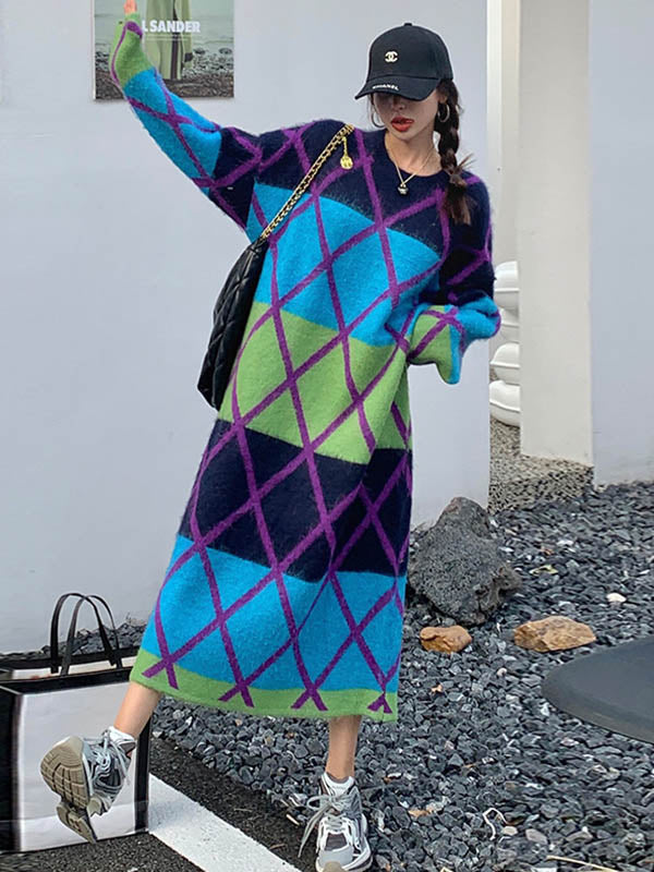 Contrast Color Plaid Split-Joint Long Sleeves Loose Round-Neck Sweater Dresses Midi Dresses