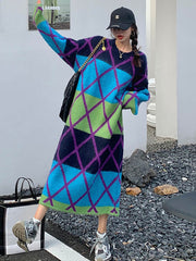 Contrast Color Plaid Split-Joint Long Sleeves Loose Round-Neck Sweater Dresses Midi Dresses