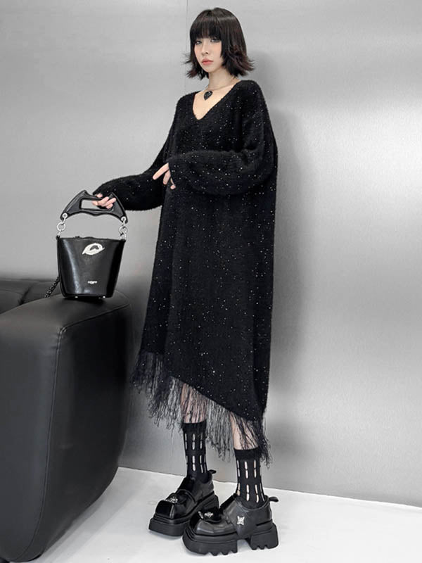 Contrast Color Sequined Shiny Split-Joint Tasseled Irregularity Long Sleeves V-Neck Sweater Dresses Midi Dresses