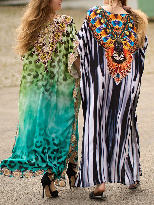 Leopard Printed Split-side Batwing Sleeves Loose V-neck Maxi Dresses Beach Cover-Up