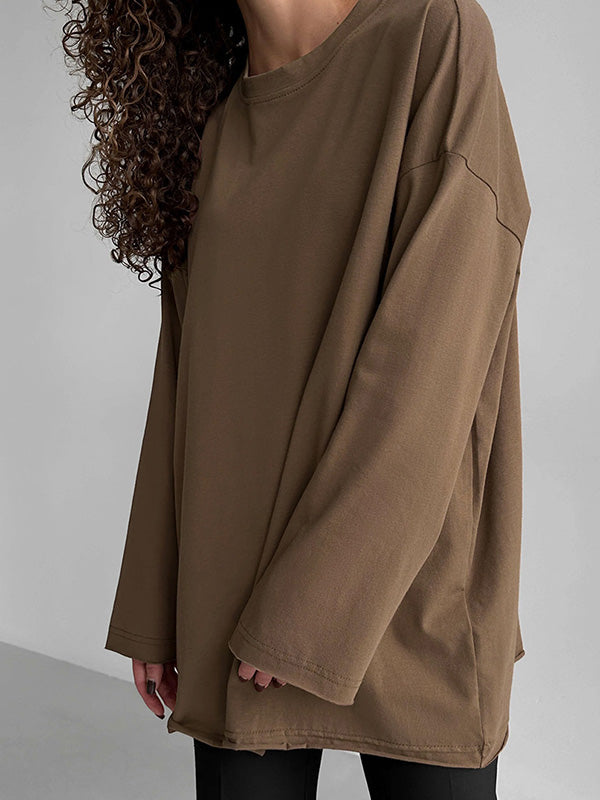 Solid Color Long Sleeves Loose Round-Neck T-Shirts Tops