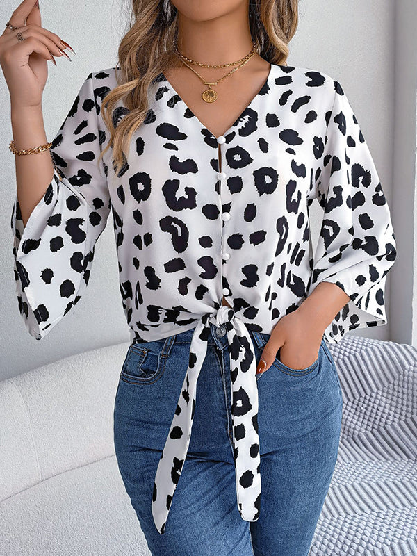 Buttoned Leopard Tied Flared Sleeves Half Sleeves V-Neck Blouses&Shirts Tops