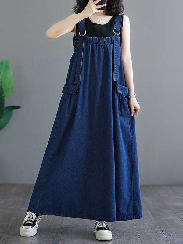 Pleated Pockets Split-Joint A-Line Loose Spaghetti-Neck Suspender Dress Maxi Dresses