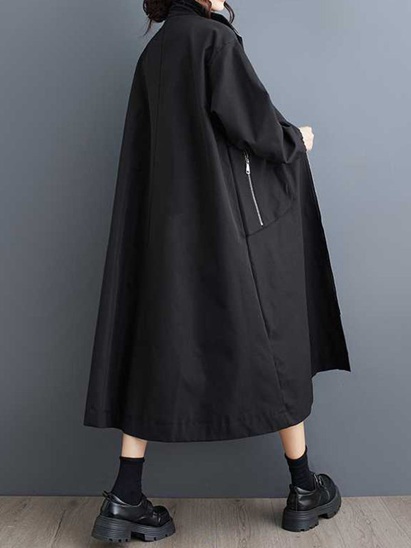 Elasticity Pockets Split-Joint Zipper Long Sleeves Loose High Neck Trench Coats Outerwear