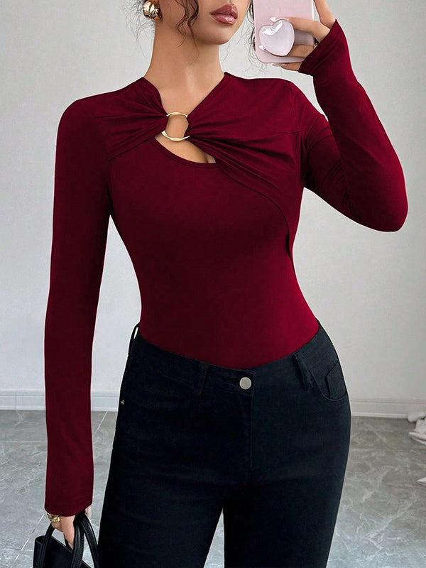 Solid Color Split-Joint Long Sleeves Skinny Asymmetric Collar T-Shirts