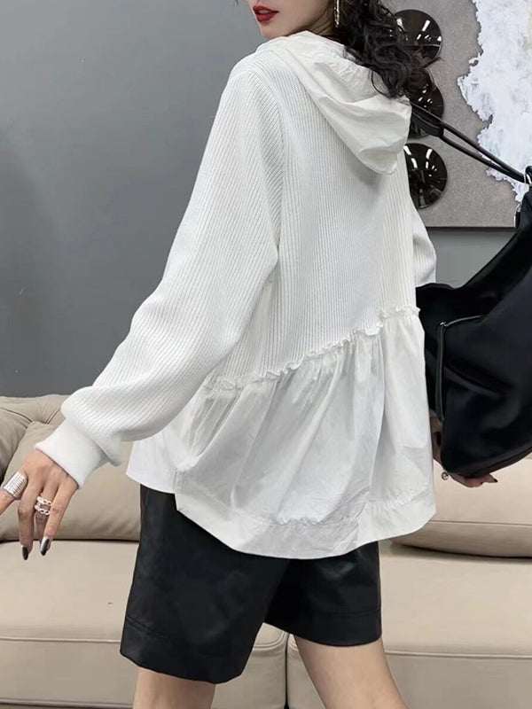 Drawstring Split-front Split-Joint Hooded Long Sleeves Hoodies Tops