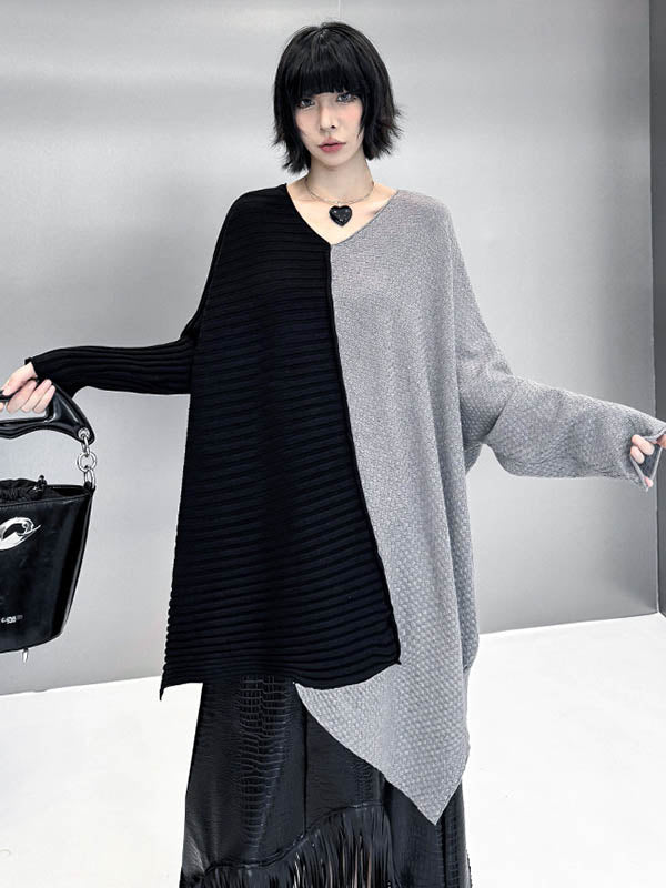 Asymmetric Contrast Color Split-Joint Textured Batwing Sleeves Irregularity V-Neck Sweater Tops