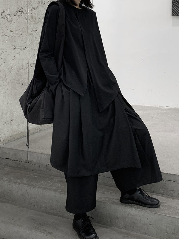 Asymmetric Solid Color Split-Front Split-Joint Long Sleeves Loose Round-Neck T-Shirts