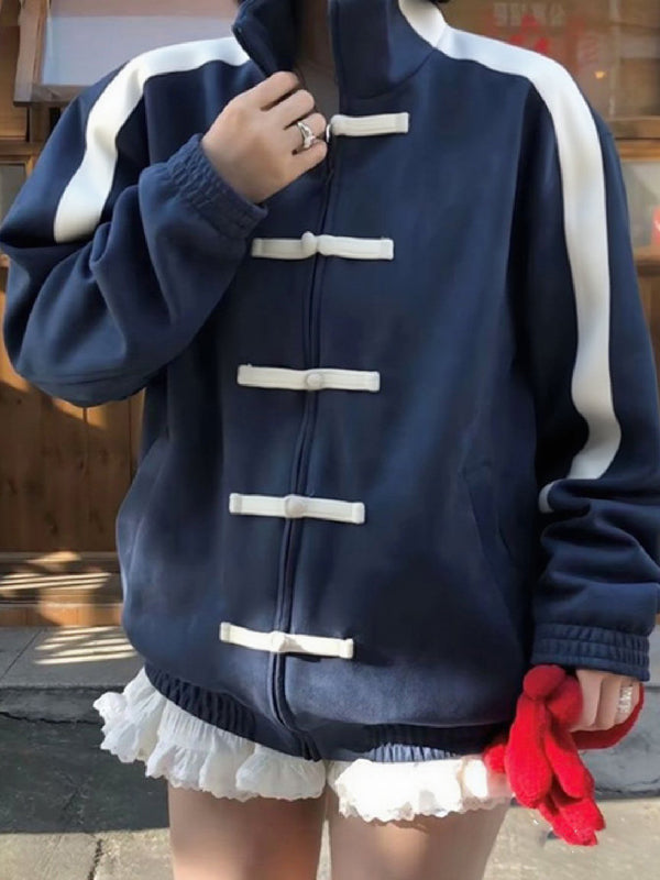 Contrast Color Frog Closures Zipper Long Sleeves Stand Collar Outerwear Jackets