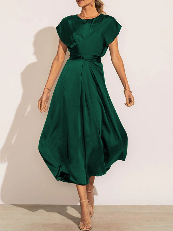 Solid Color Split-Joint Tied Waist Loose Short Sleeves Round-neck Midi Dresses