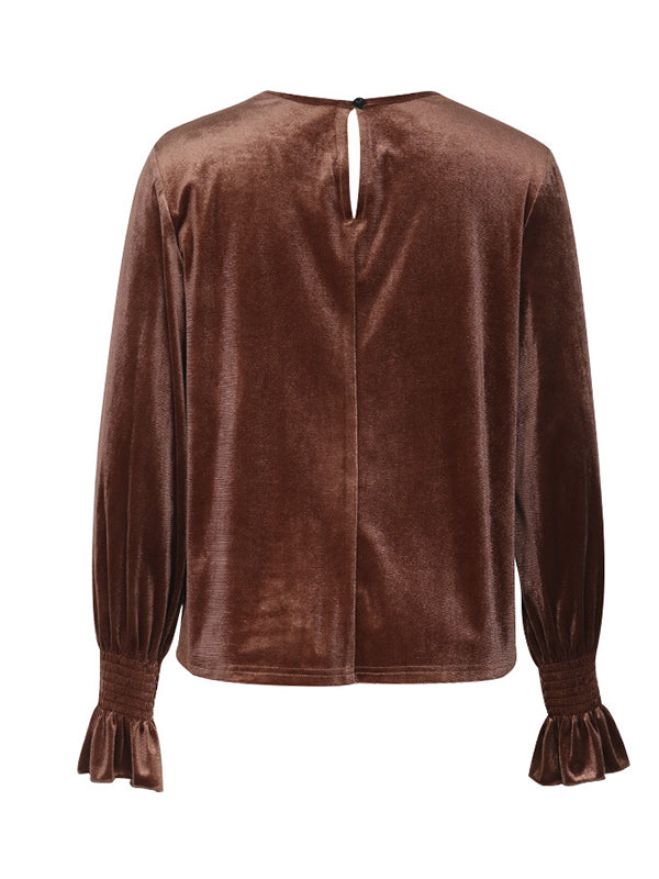 Elasticity Hollow Split-Joint Velvet Flared Sleeves Long Sleeves Round-Neck T-Shirts Tops