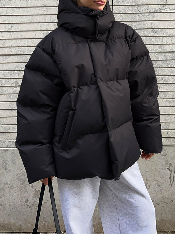 Long Sleeves Loose Solid Color Split-Joint Hooded Padded Coat