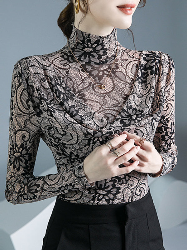 Flower Print Pleated Long Sleeves Mock Neck T-Shirts Tops