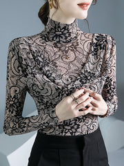 Flower Print Pleated Long Sleeves Mock Neck T-Shirts Tops