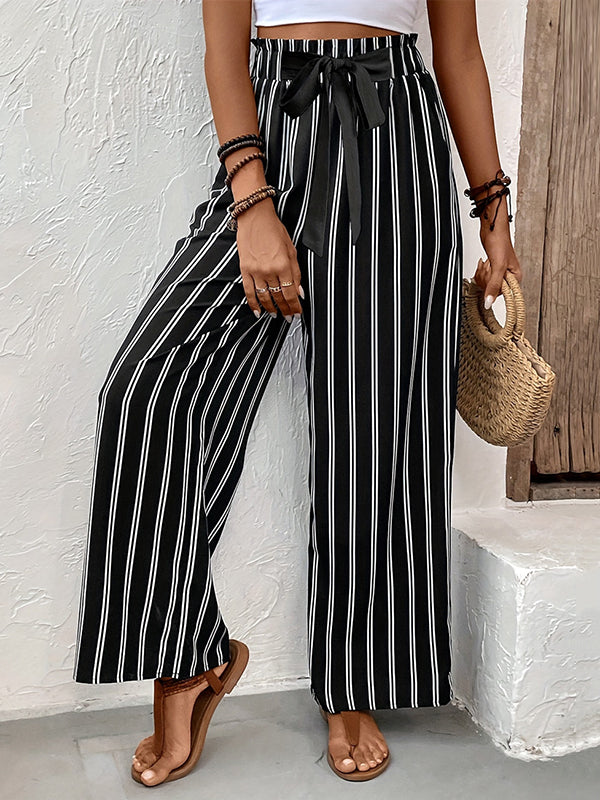 Contrast Color Pockets Striped Tied Waist High Waisted Loose Trousers Pants