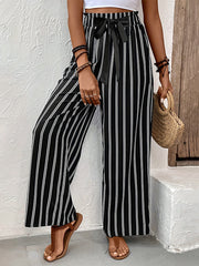 Contrast Color Pockets Striped Tied Waist High Waisted Loose Trousers Pants