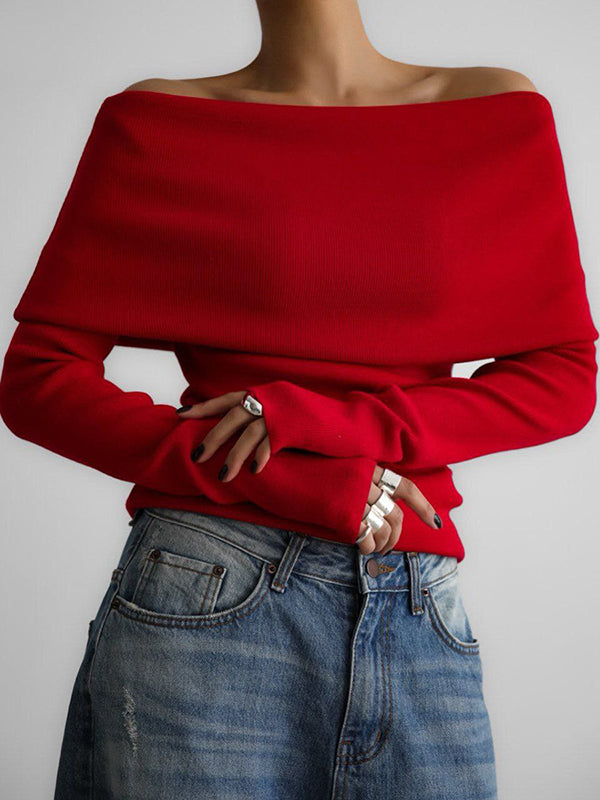 Solid Color Long Sleeves Loose Off-The-Shoulder Sweater Tops Pullovers