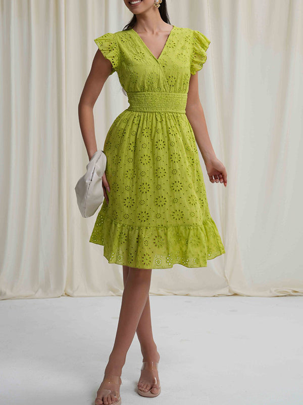 Elasticity Hollow Pleated Solid Color A-Line Loose V-Neck Mini Dresses