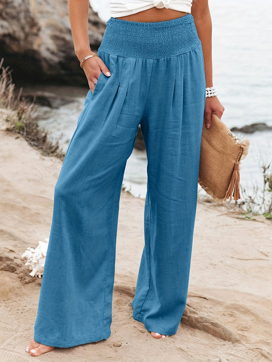 Pleated Pockets Solid Color Split-Joint Elasticated Waist High Waisted Pants