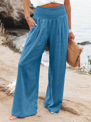 Pleated Pockets Solid Color Split-Joint Elasticated Waist High Waisted Pants