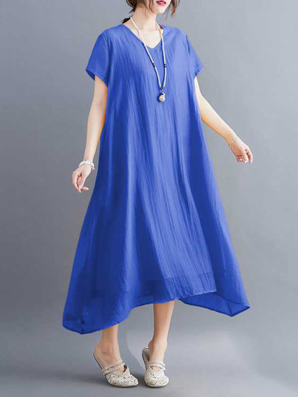 Solid Color A-Line Loose V-Neck Midi Dresses