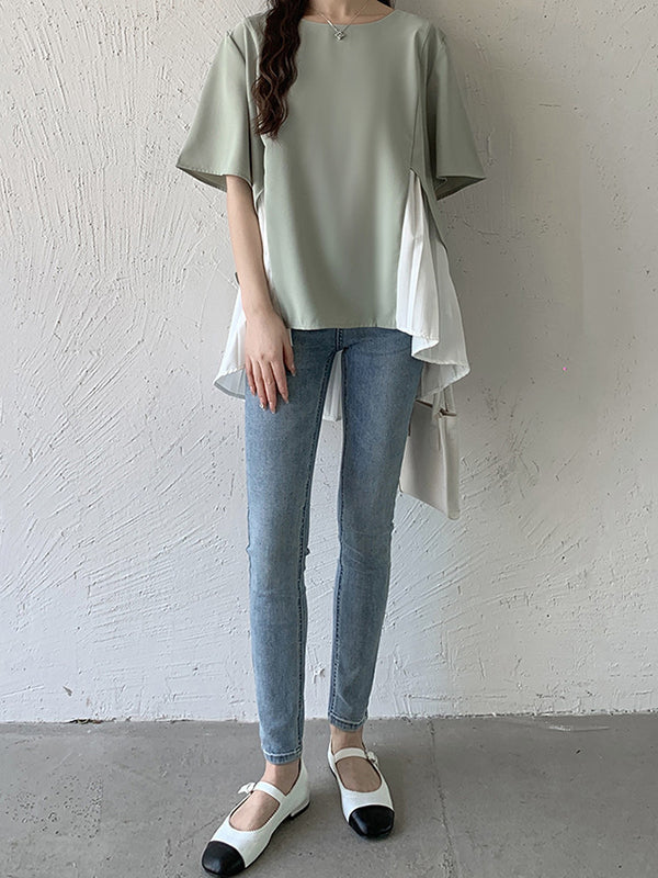 Split-Joint Half Sleeves Irregularity Round-Neck T-Shirts Tops