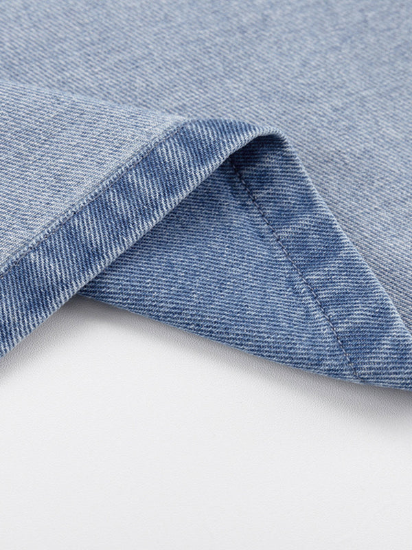 Long Sleeves Loose Split-Joint Tied Waist V-Neck Denim Mini Dresses