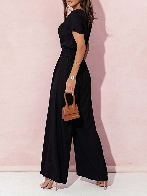 Belted Pleated High Waisted Loose V-Neck Jumpsuits