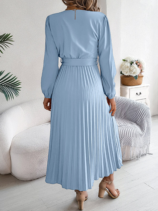 Belted Buttoned Pleated Solid Color High Waisted Long Sleeves V-Neck Maxi Dresses