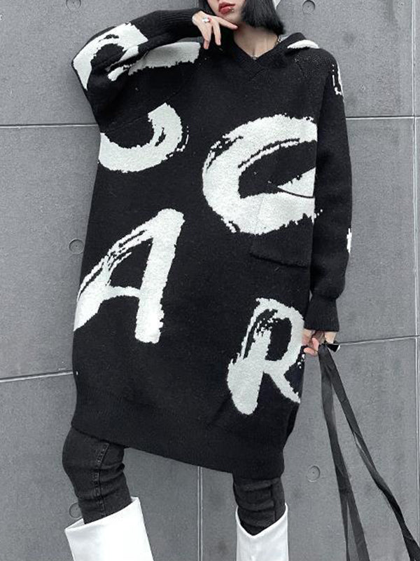 Knitted Letters Pockets Long Sleeves Loose Hooded Sweater Dresses Mini Dresses