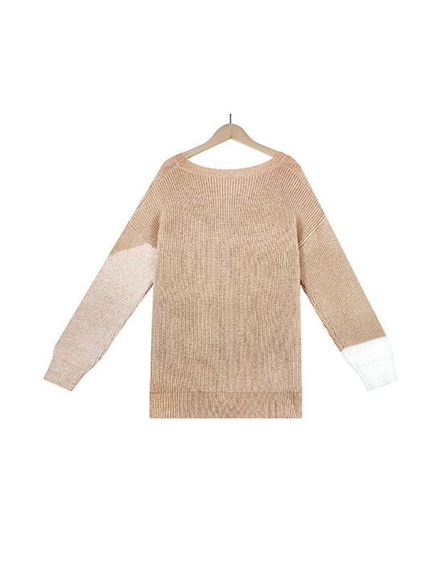 Casual Long Sleeves Loose Contrast Color Round-Neck Sweater Tops
