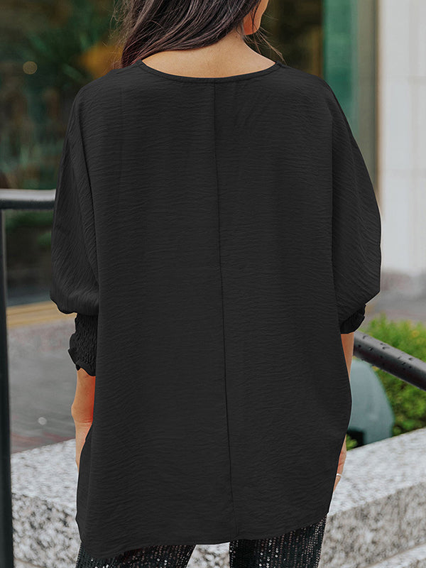 Elasticity Solid Color Split-Joint Half Sleeves Loose Round-Neck T-Shirts Tops