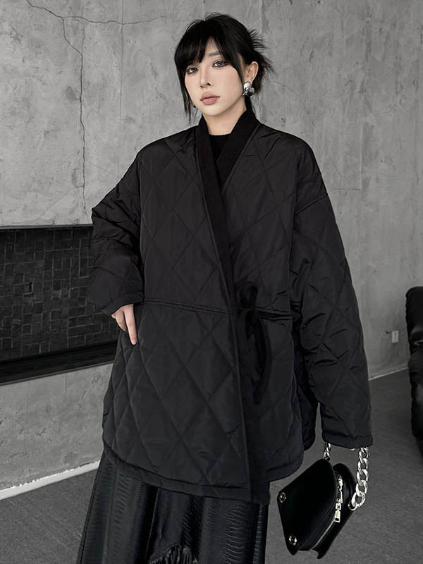 Plaid Quilted Solid Color Split-Joint Tied Long Sleeves Loose Collarless Padded Coat Outerwear