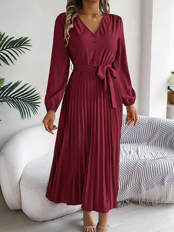 Belted Buttoned Pleated Solid Color High Waisted Long Sleeves V-Neck Maxi Dresses