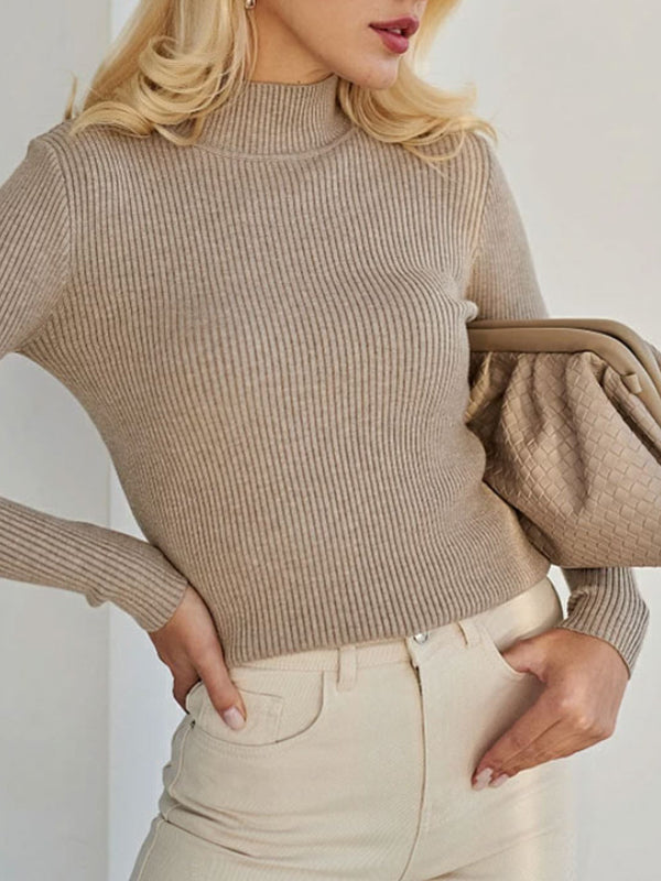 Solid Color Split-Joint Long Sleeves Skinny High Neck Sweater Tops