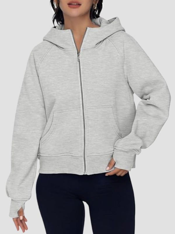 Pockets Solid Color Zipper Hooded Long Sleeves Outerwear Jackets