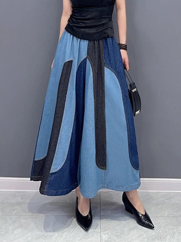 Contrast Color Elasticity Split-Joint Loose Wide Leg Jean Pants Bottoms