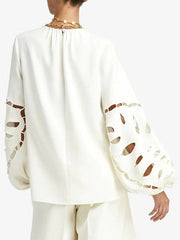 Loose Puff Sleeves Hollow Solid Color Round-neck Blouses&shirts Tops