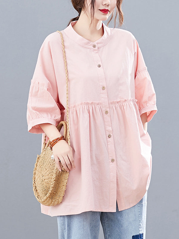 Artistic Retro Loose Half Sleeves Pleated Falbala Split-Joint Solid Color Blouses