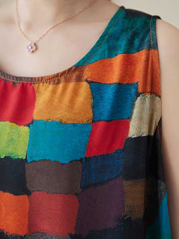 Contrast Color Multi-Colored Plaid Loose Sleeveless Round-Neck Midi Dresses