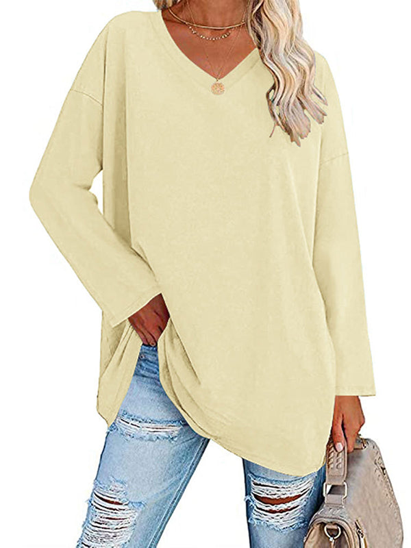 See-Through Solid Color Split-Joint Long Sleeves Loose V-neck T-shirts
