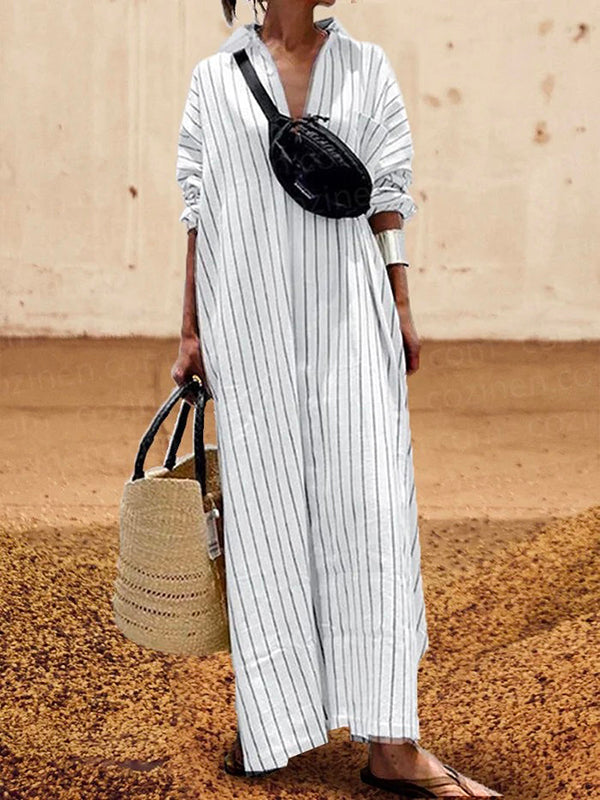 Striped Long Sleeves Lapel Maxi Dresses