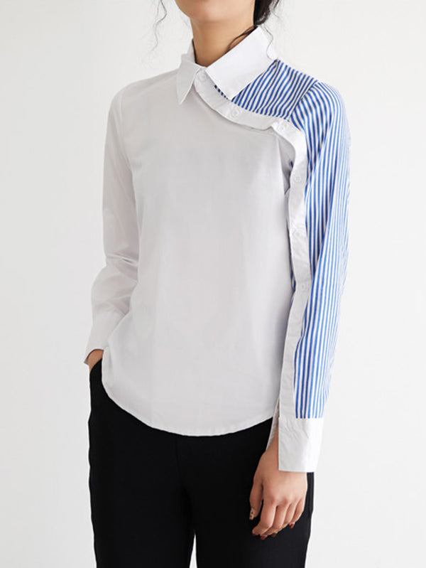 Long Sleeves Irregularity Striped Solid Contrast Color Lapel Collar Blouses