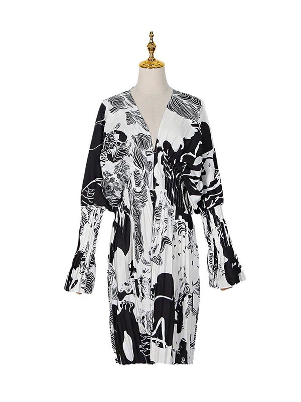Contrast Color Pleated Printed Flared Sleeves High Waisted V-neck Mini Dresses