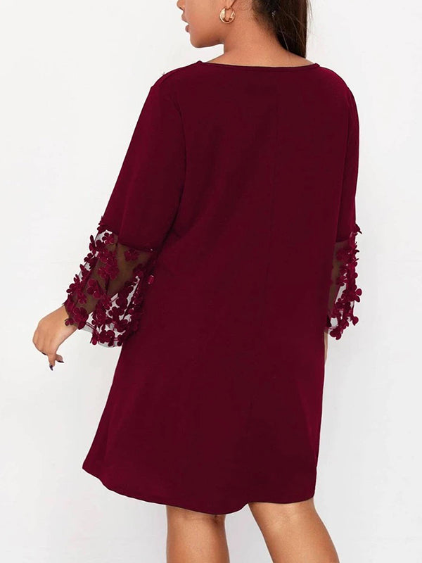 Mesh Polka-Dot Split-Joint Three-Dimensional Flower A-line Loose Round-neck Mini Dresses