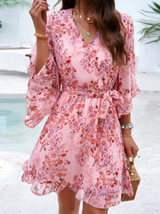 Flower Print Ruffle Trim Split-Joint Tied Waist Flared Sleeves Half Sleeves V-neck Mini Dresses