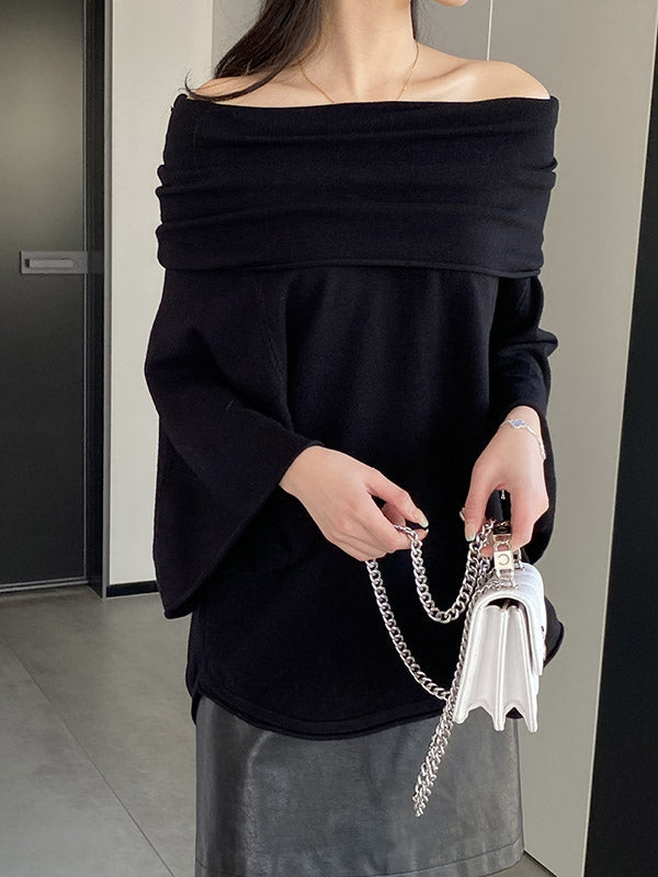 Solid Color Batwing Sleeves Flared Sleeves Off-the-shoulder Knit Top