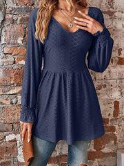 Elasticity Jacquard Pleated Solid Color Long Sleeves V-Neck T-Shirts Tops